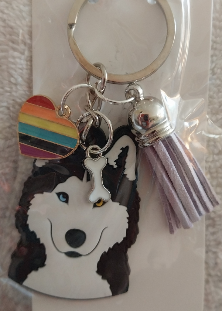 Image of Bi-eyed Husky Rainbow Heart Handmade Keychain