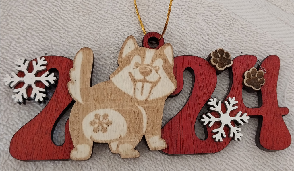 Image of Handmade Adorable Wood Husky Dated Christmas Ornament